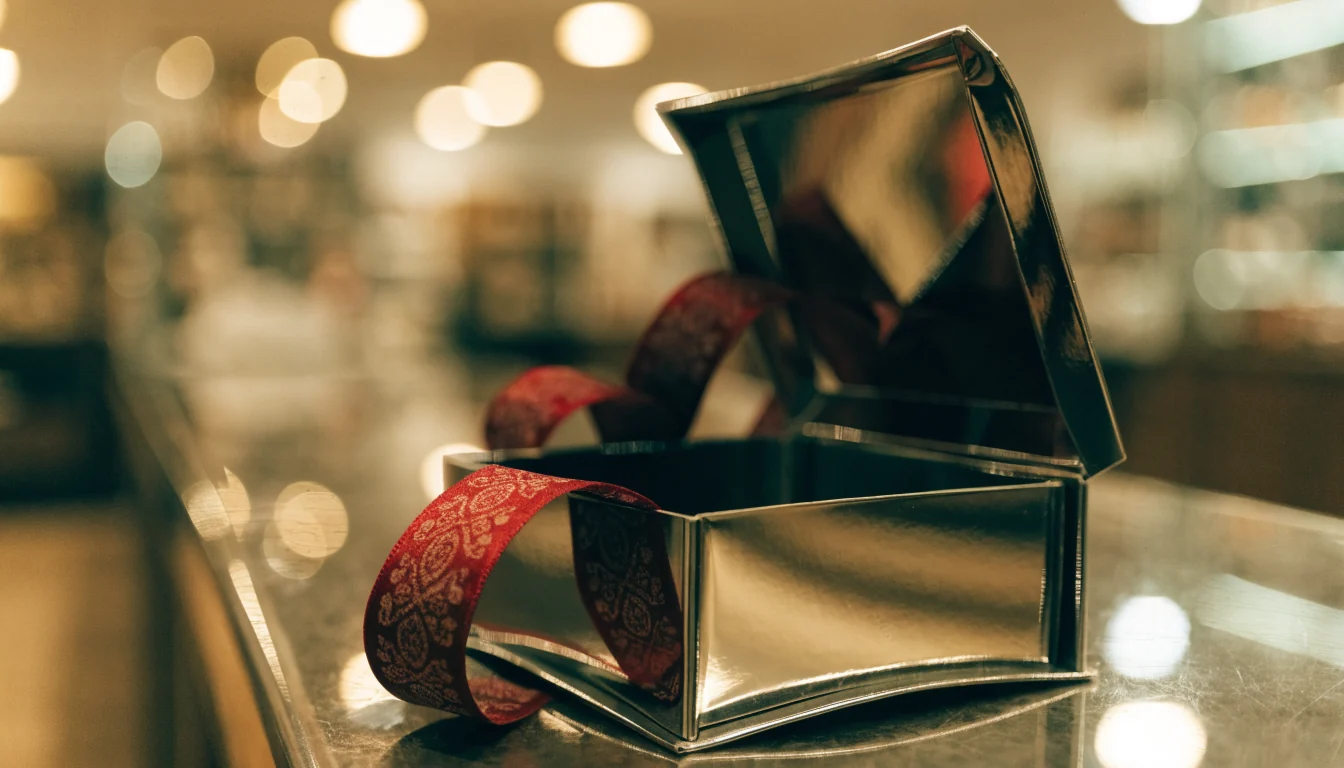 An empty ornate gift box with a red ribbon on a counter